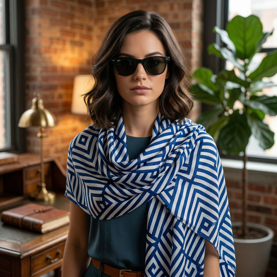 Navy White Geometric Print Scarf